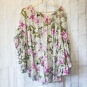 FEVER On or Off-Shoulder Floral Blouse Trumpet Sleeves